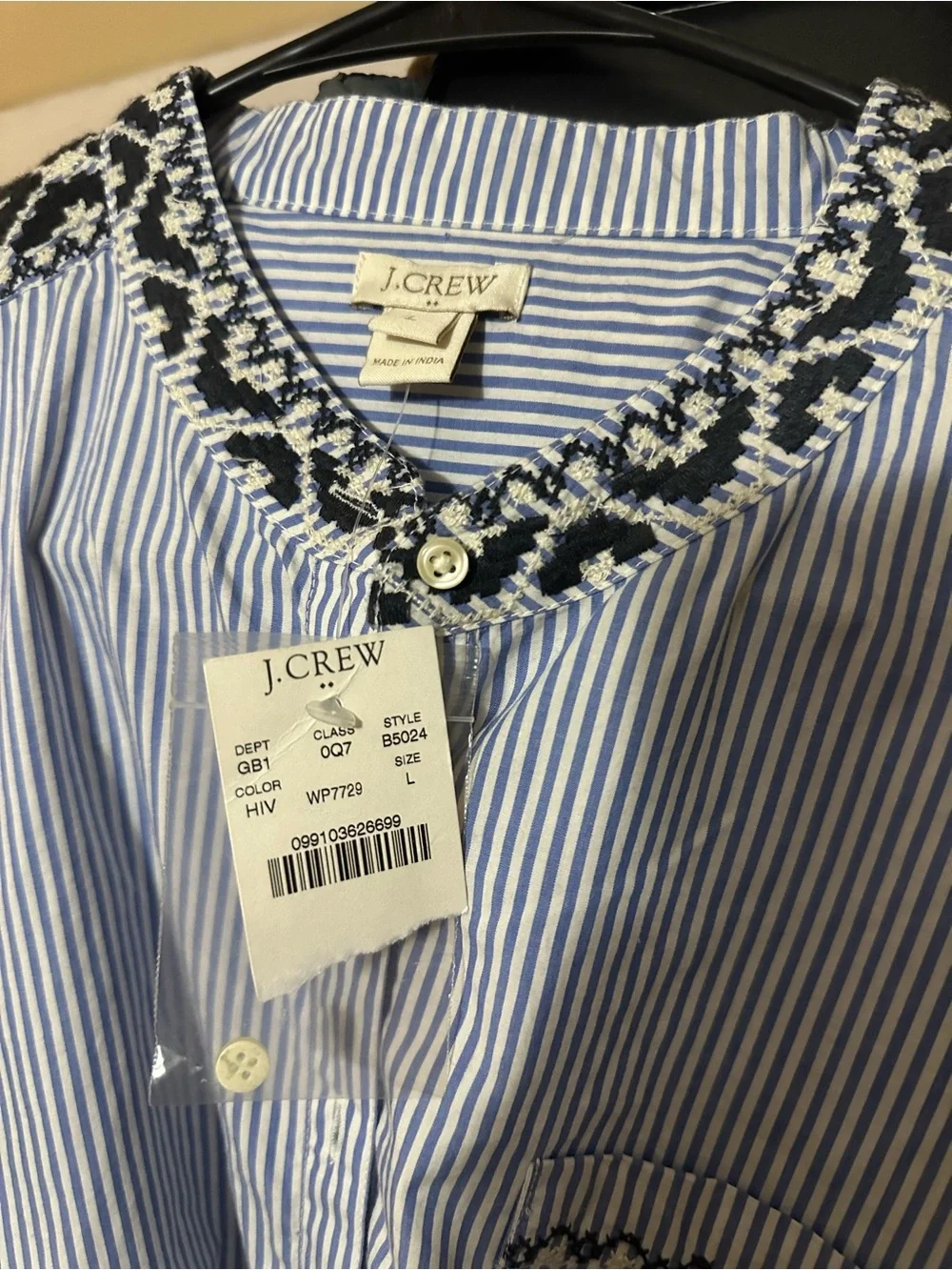 JCREW NWT Striped Blue & White Long-Sleeve long tunic w embroidered trim